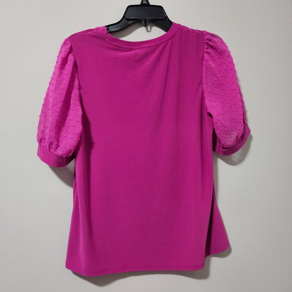CeCe Magenta Pink Swiss Dot Puff Sleeve Crepe Knit Blouse Top Womens Medium - Picture 5 of 5